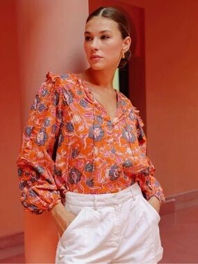 Cleobella Talia Ruffle Organic Cotton Blouse Orange Floral Size XS